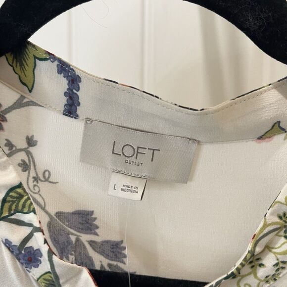 Loft Cream Blue Red Floral Half Button Long Sleeve Boho Top Womens Size L NEW - Picture 5 of 10